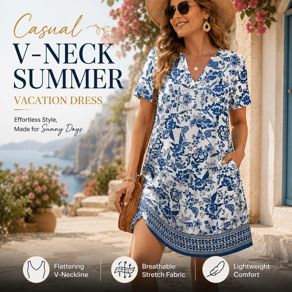 2026！ Women's  Casual Summer V-Neck  Short-Sleevet Dress
